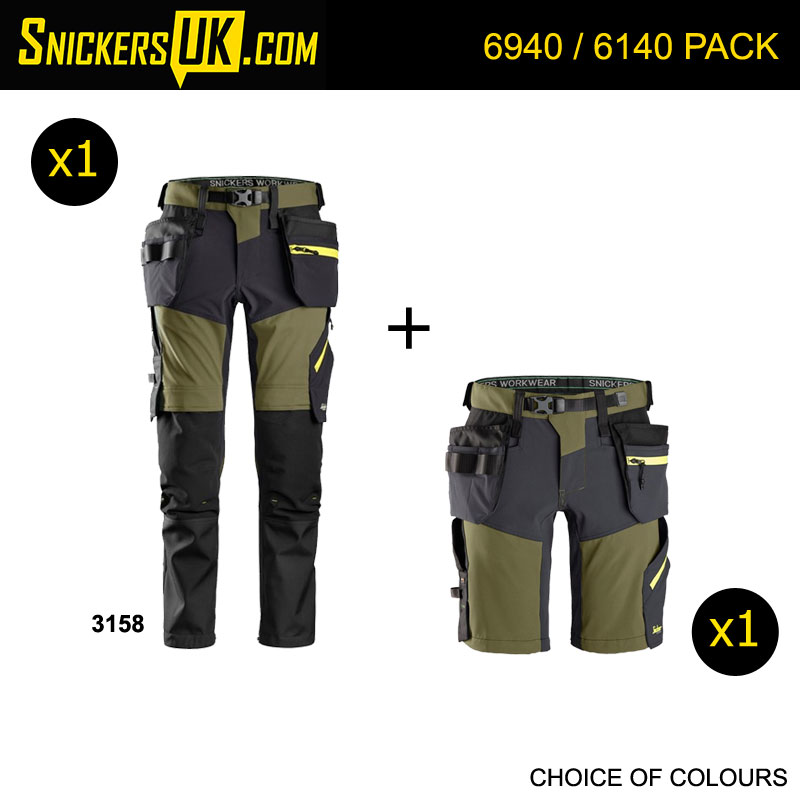 Snickers FlexiWork Soft Stretch Holster Pocket Trousers & Shorts Pack